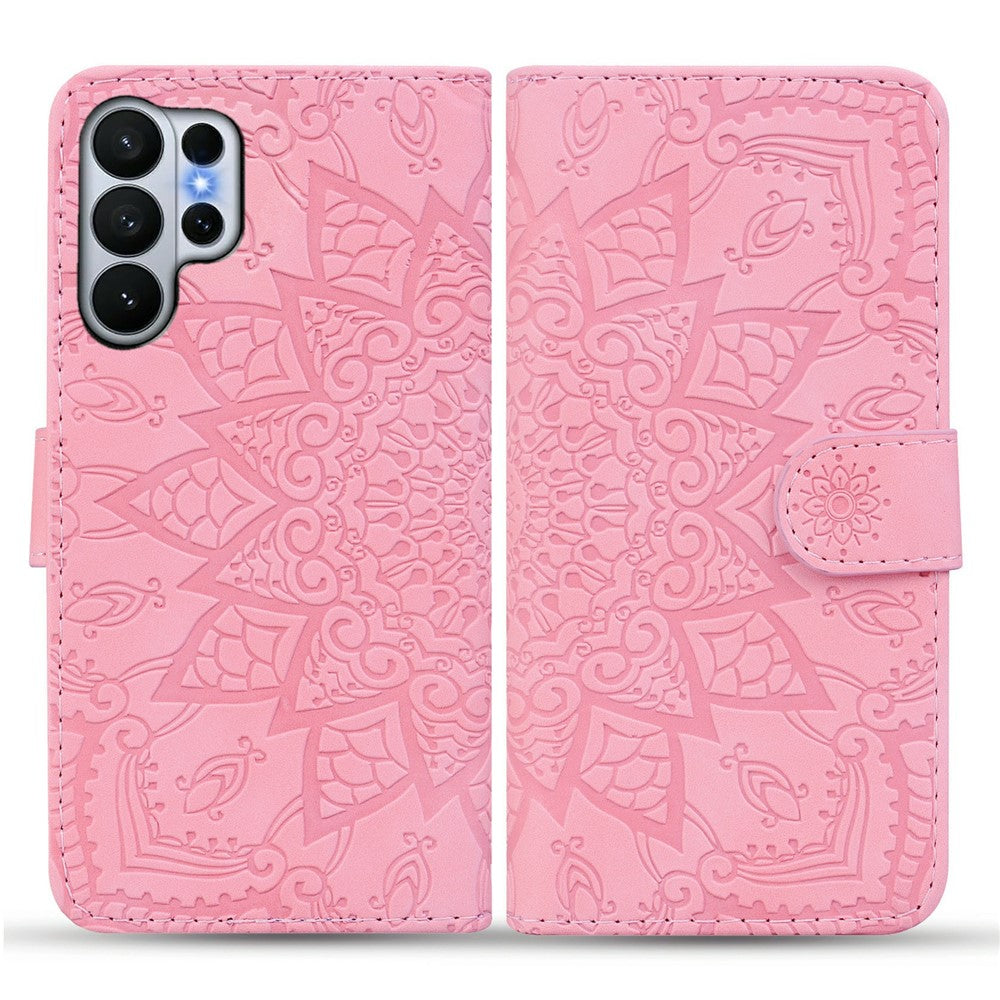 For Samsung Galaxy S26 Ultra Case Flower Imprinted PU Leather Wallet Flip Phone Cover with Wrist Strap