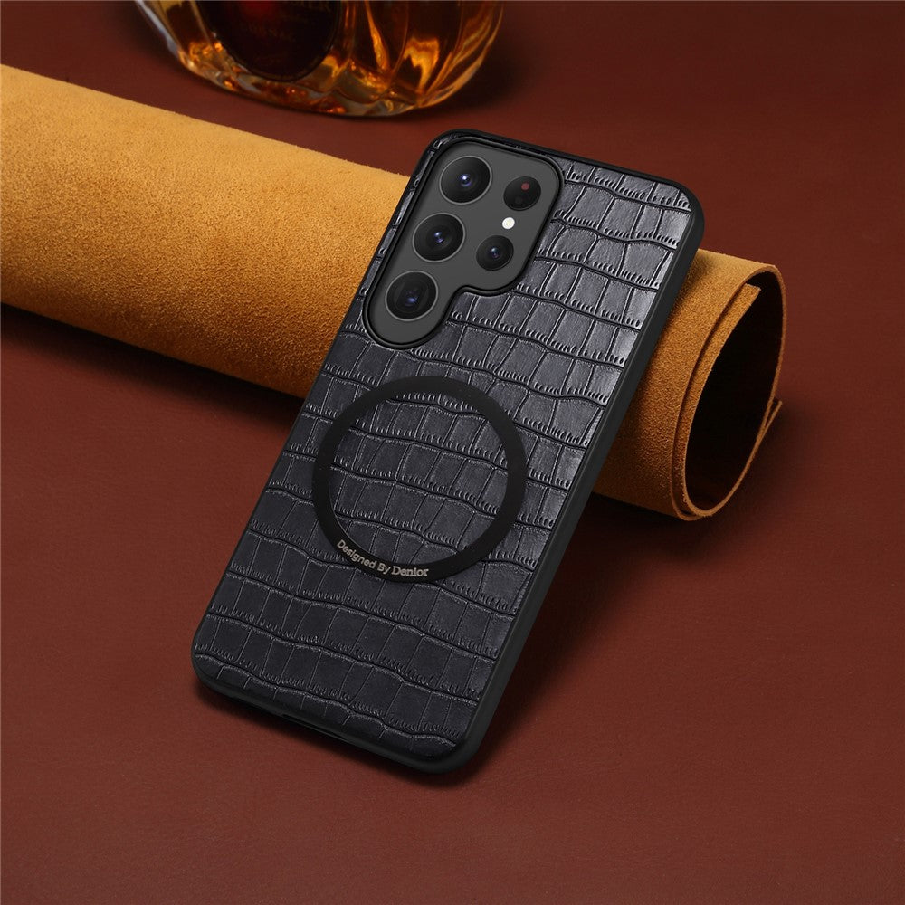 DENIOR A09+1 For Samsung Galaxy S26 Ultra Magnetic Case Crocodile Texture Leather Coated PC TPU Phone Cover