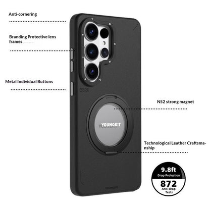 YOUNGKIT For Samsung Galaxy S26 Ultra Case Rotating Kickstand Shockproof TPU + PU Leather Phone Back Cover