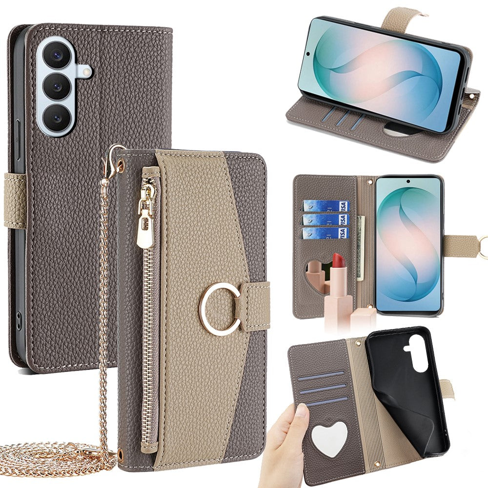 For Samsung Galaxy S26+ Case Mirror Wallet Leather Phone Cover with Chain Shoulder Strap