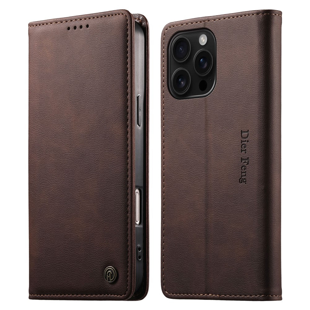 DIERFENG DF-019 for iPhone 16 Pro Max Leather Wallet Case Card Slots RFID Blocking Magnetic Flip Cover
