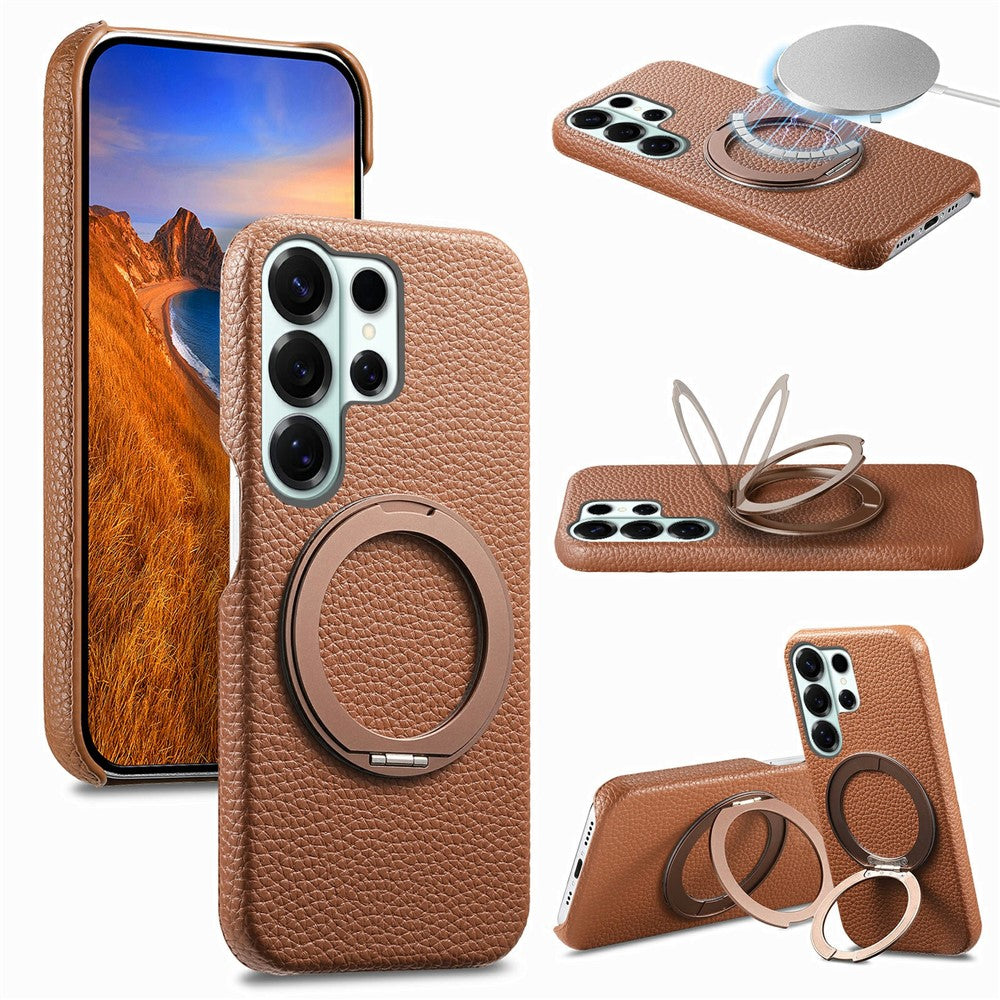 For Samsung Galaxy S26 Ultra Magnetic Case PC PU Phone Cover with 360 Rotating Ring Kickstand
