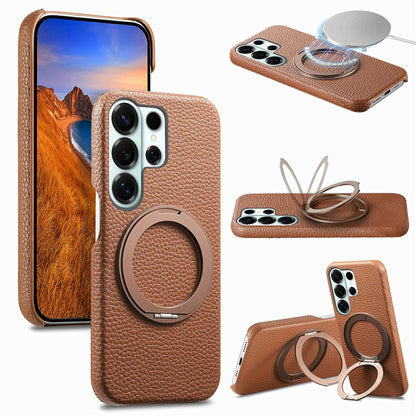 For Samsung Galaxy S26 Ultra Magnetic Case PC PU Phone Cover with 360 Rotating Ring Kickstand