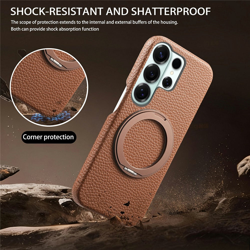 For Samsung Galaxy S26 Ultra Magnetic Case PC PU Phone Cover with 360 Rotating Ring Kickstand