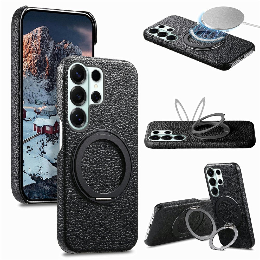 For Samsung Galaxy S26 Ultra Magnetic Case PC PU Phone Cover with 360 Rotating Ring Kickstand