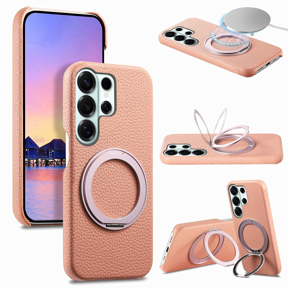 For Samsung Galaxy S26 Ultra Magnetic Case PC PU Phone Cover with 360 Rotating Ring Kickstand