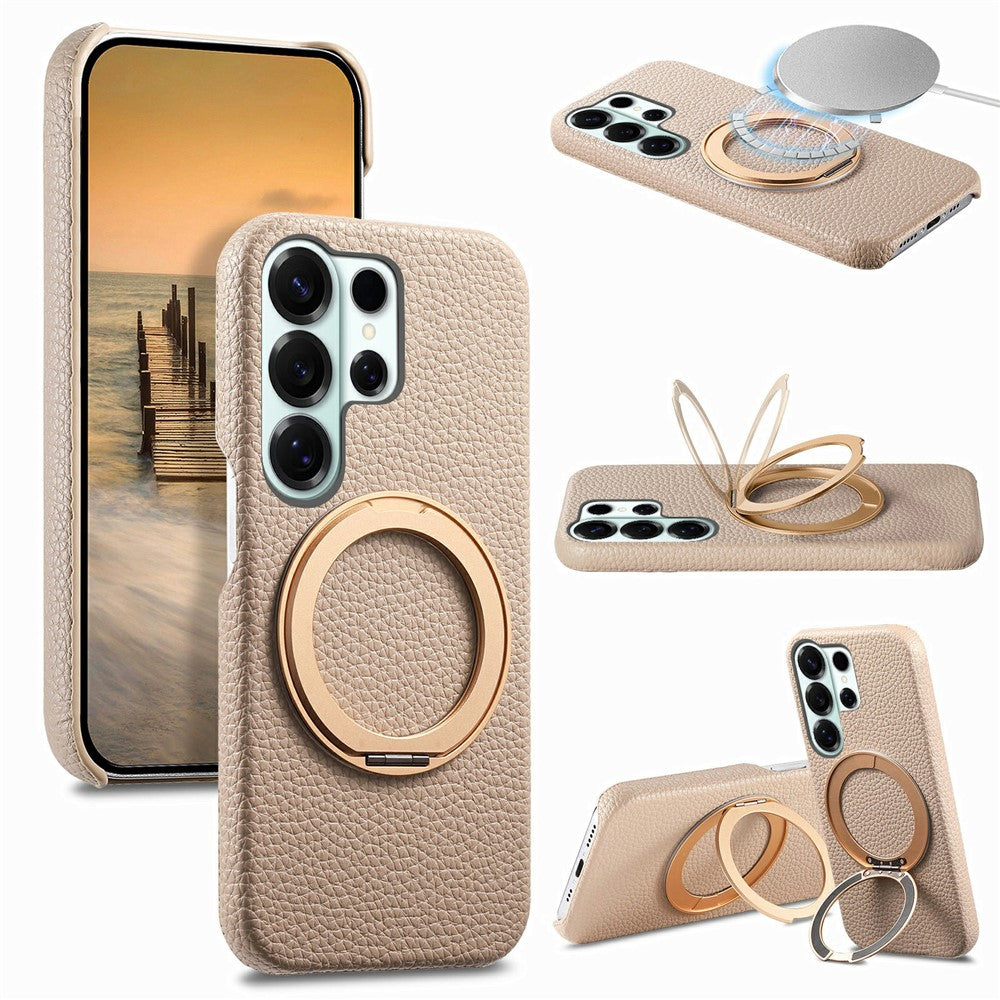 For Samsung Galaxy S26 Ultra Magnetic Case PC PU Phone Cover with 360 Rotating Ring Kickstand