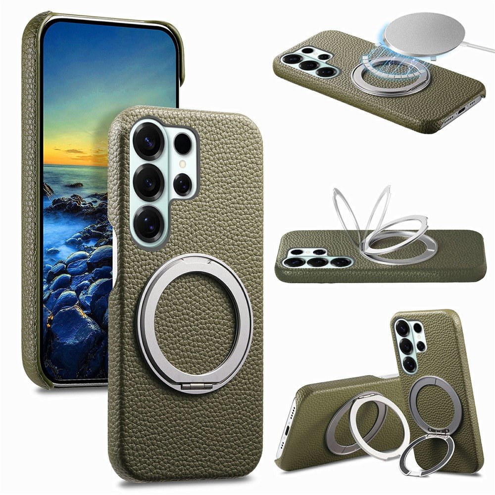 For Samsung Galaxy S26 Ultra Magnetic Case PC PU Phone Cover with 360 Rotating Ring Kickstand