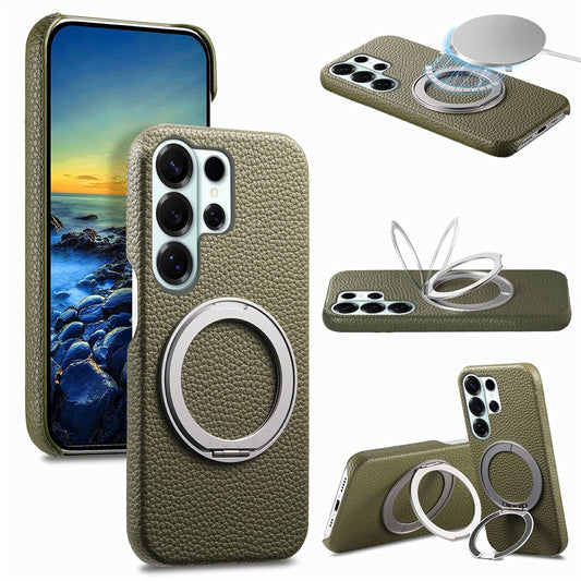 For Samsung Galaxy S26 Ultra Magnetic Case PC PU Phone Cover with 360 Rotating Ring Kickstand