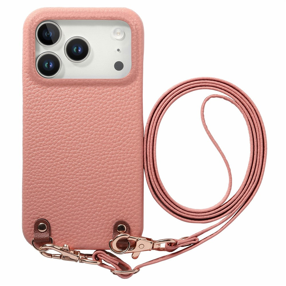 For iPhone 17 Pro Max Litchi Pattern Case with Lanyard Shockproof PC PU Leather Cover