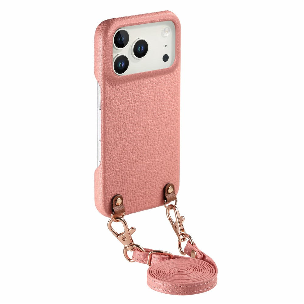 For iPhone 17 Pro Max Litchi Pattern Case with Lanyard Shockproof PC PU Leather Cover