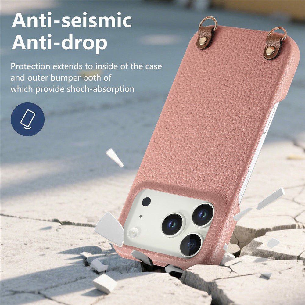 For iPhone 17 Pro Max Litchi Pattern Case with Lanyard Shockproof PC PU Leather Cover