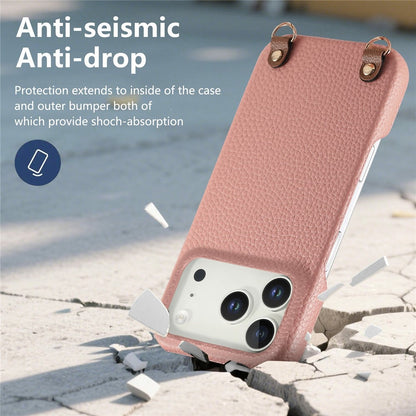 For iPhone 17 Pro Max Litchi Pattern Case with Lanyard Shockproof PC PU Leather Cover
