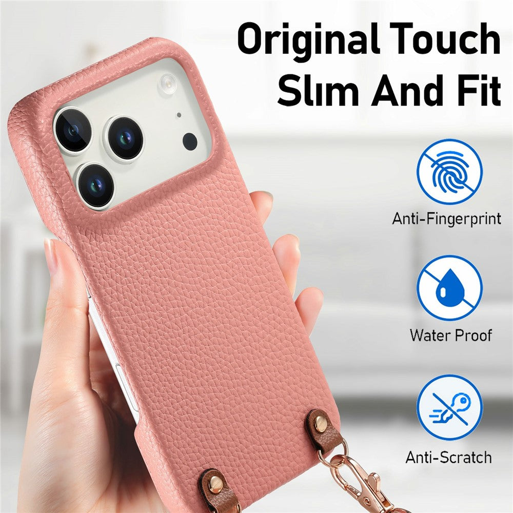 For iPhone 17 Pro Max Litchi Pattern Case with Lanyard Shockproof PC PU Leather Cover