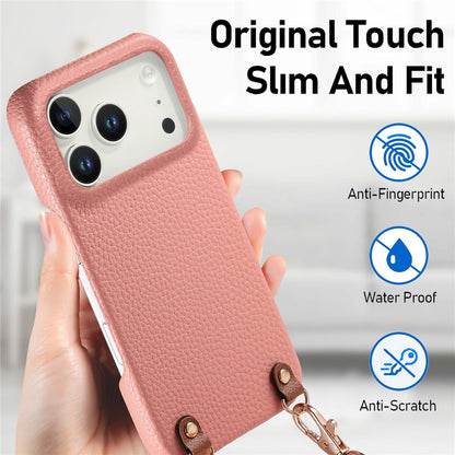 For iPhone 17 Pro Max Litchi Pattern Case with Lanyard Shockproof PC PU Leather Cover