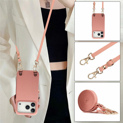 For iPhone 17 Pro Max Litchi Pattern Case with Lanyard Shockproof PC PU Leather Cover