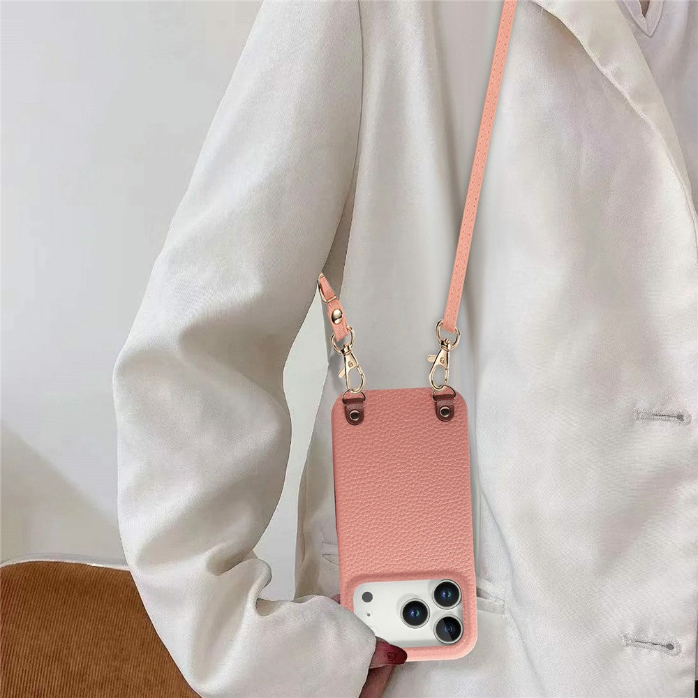 For iPhone 17 Pro Max Litchi Pattern Case with Lanyard Shockproof PC PU Leather Cover