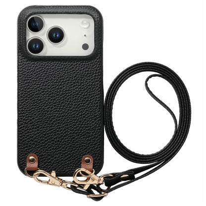 For iPhone 17 Pro Max Litchi Pattern Case with Lanyard Shockproof PC PU Leather Cover