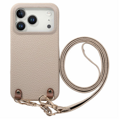 For iPhone 17 Pro Max Litchi Pattern Case with Lanyard Shockproof PC PU Leather Cover