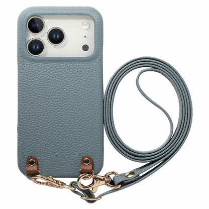 For iPhone 17 Pro Max Litchi Pattern Case with Lanyard Shockproof PC PU Leather Cover