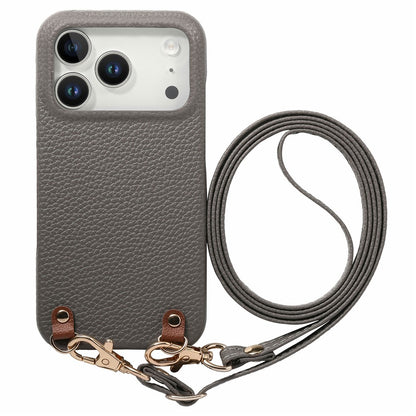 For iPhone 17 Pro Max Litchi Pattern Case with Lanyard Shockproof PC PU Leather Cover