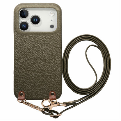 For iPhone 17 Pro Max Litchi Pattern Case with Lanyard Shockproof PC PU Leather Cover