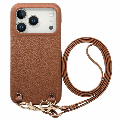 For iPhone 17 Pro Max Litchi Pattern Case with Lanyard Shockproof PC PU Leather Cover