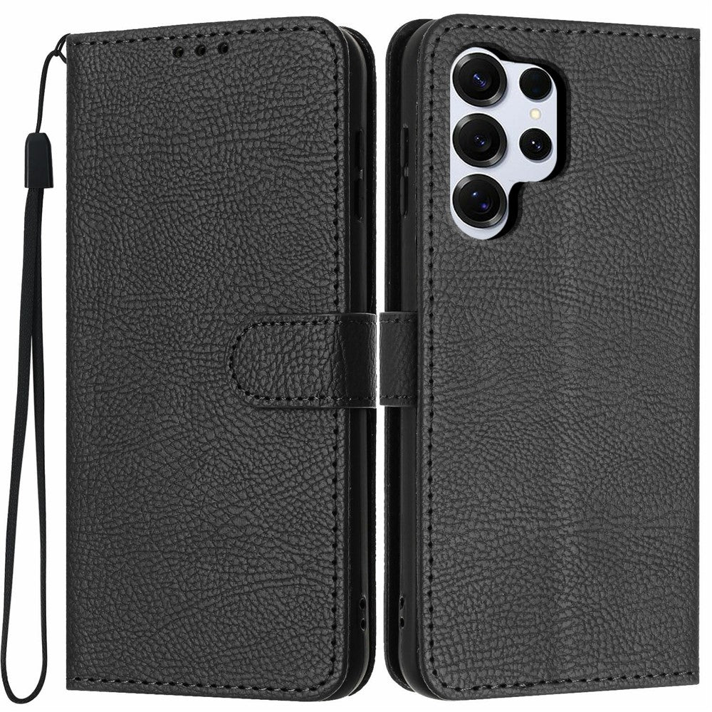 For Samsung Galaxy S26 Ultra Wallet Case Litchi Texture Leather Flip Cover with Card Slots and Hand Strap