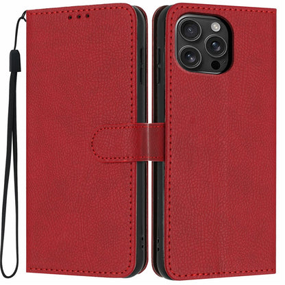 For iPhone 16 Pro Max Wallet Case Litchi Texture Leather Flip Cover with Card Slots and Hand Strap