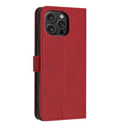 For iPhone 16 Pro Max Wallet Case Litchi Texture Leather Flip Cover with Card Slots and Hand Strap