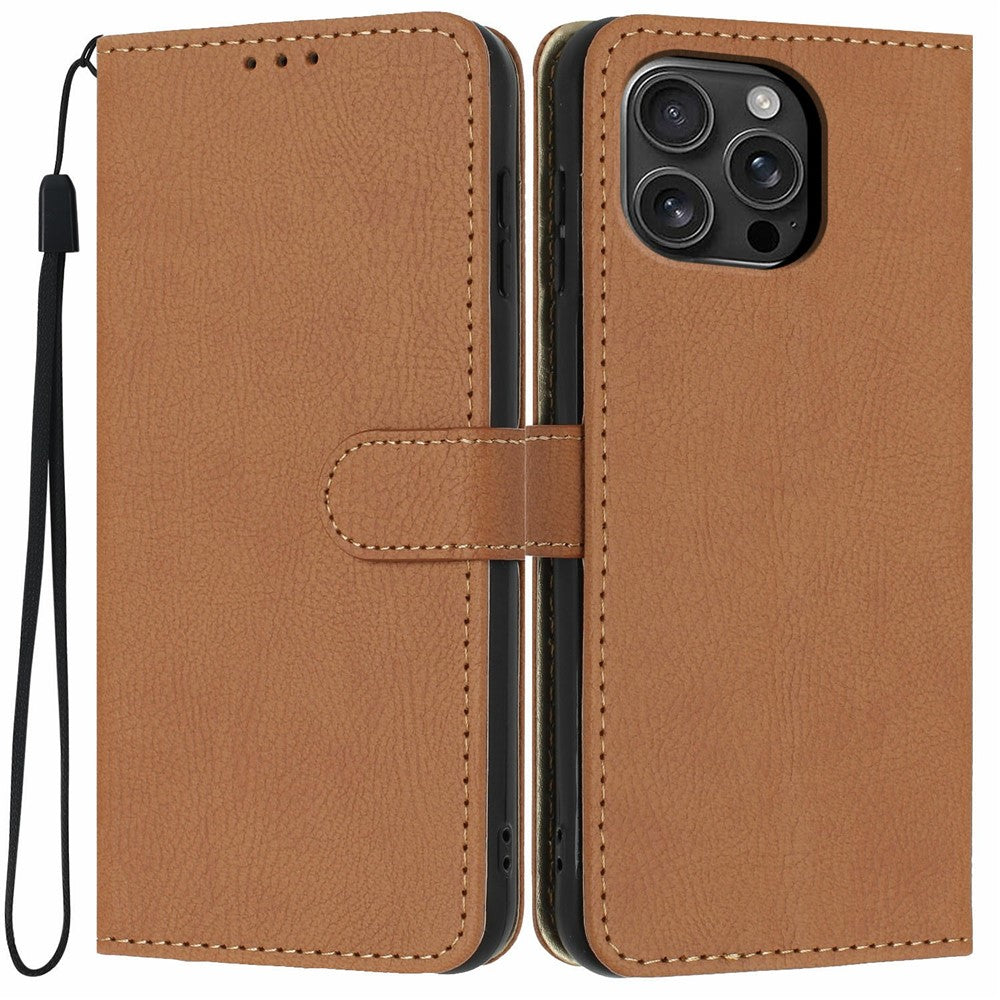 For iPhone 16 Pro Max Wallet Case Litchi Texture Leather Flip Cover with Card Slots and Hand Strap