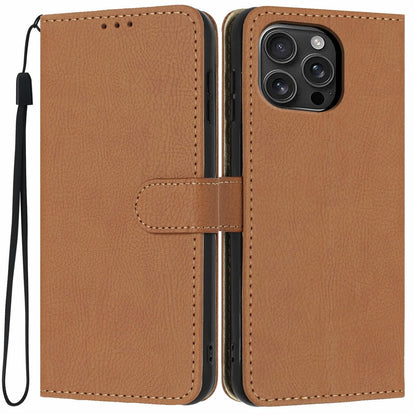 For iPhone 16 Pro Max Wallet Case Litchi Texture Leather Flip Cover with Card Slots and Hand Strap