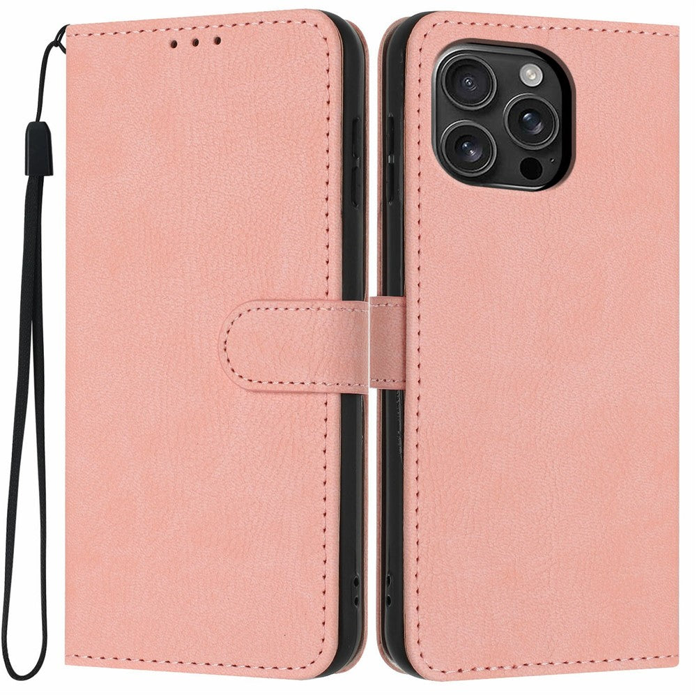 For iPhone 16 Pro Max Wallet Case Litchi Texture Leather Flip Cover with Card Slots and Hand Strap