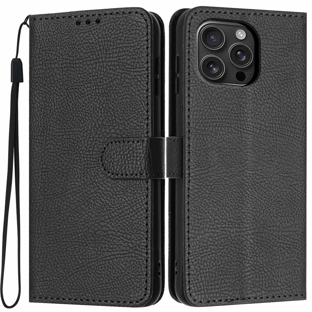 For iPhone 16 Pro Max Wallet Case Litchi Texture Leather Flip Cover with Card Slots and Hand Strap