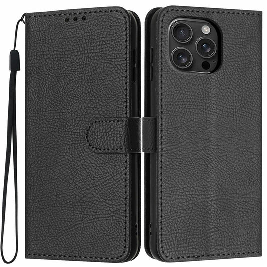 For iPhone 16 Pro Max Wallet Case Litchi Texture Leather Flip Cover with Card Slots and Hand Strap