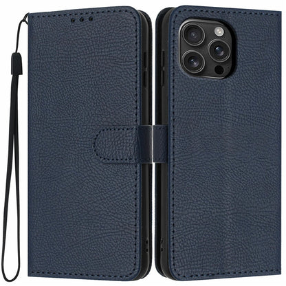 For iPhone 16 Pro Max Wallet Case Litchi Texture Leather Flip Cover with Card Slots and Hand Strap