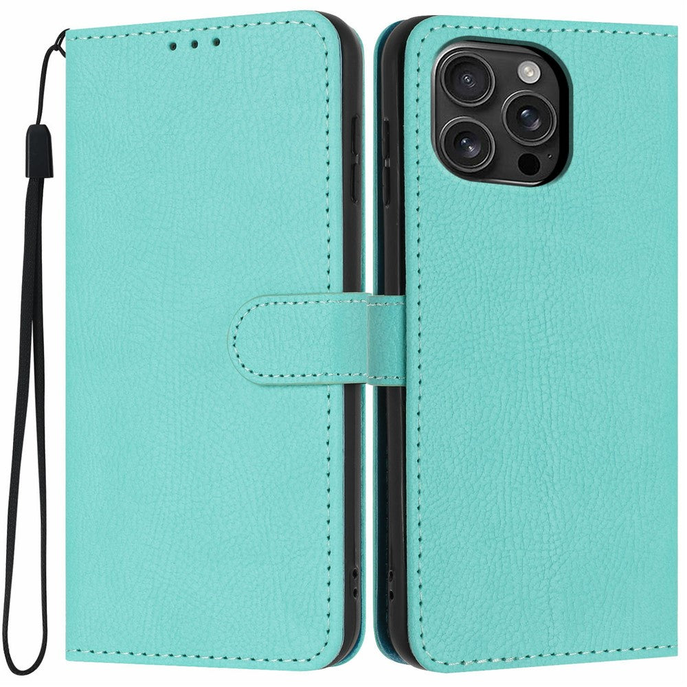 For iPhone 16 Pro Max Wallet Case Litchi Texture Leather Flip Cover with Card Slots and Hand Strap