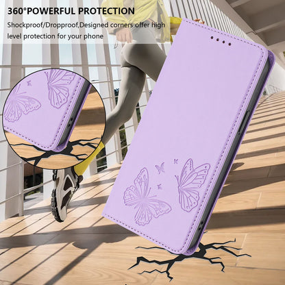 For iPhone 17e / iPhone 17 Wallet Case RFID Blocking Butterfly Imprinted Magnetic Flip Leather Cover