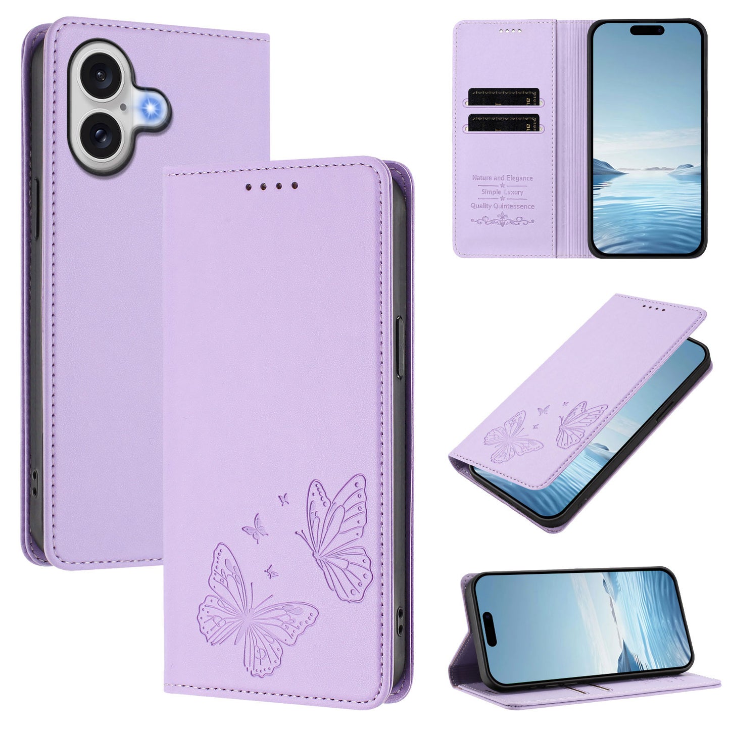 For iPhone 17e / iPhone 17 Wallet Case RFID Blocking Butterfly Imprinted Magnetic Flip Leather Cover