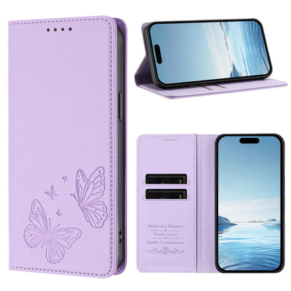 For iPhone 17e / iPhone 17 Wallet Case RFID Blocking Butterfly Imprinted Magnetic Flip Leather Cover