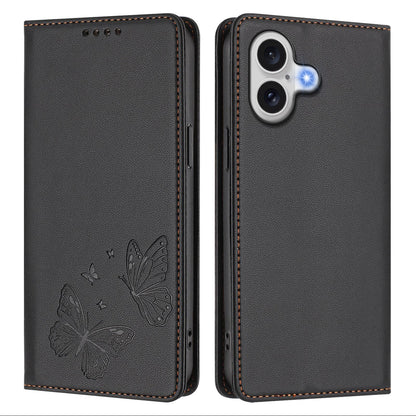 For iPhone 17e / iPhone 17 Wallet Case RFID Blocking Butterfly Imprinted Magnetic Flip Leather Cover