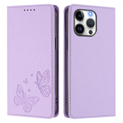 For iPhone 16 Pro Max Wallet Case RFID Blocking Butterfly Imprinted Magnetic Flip Leather Cover
