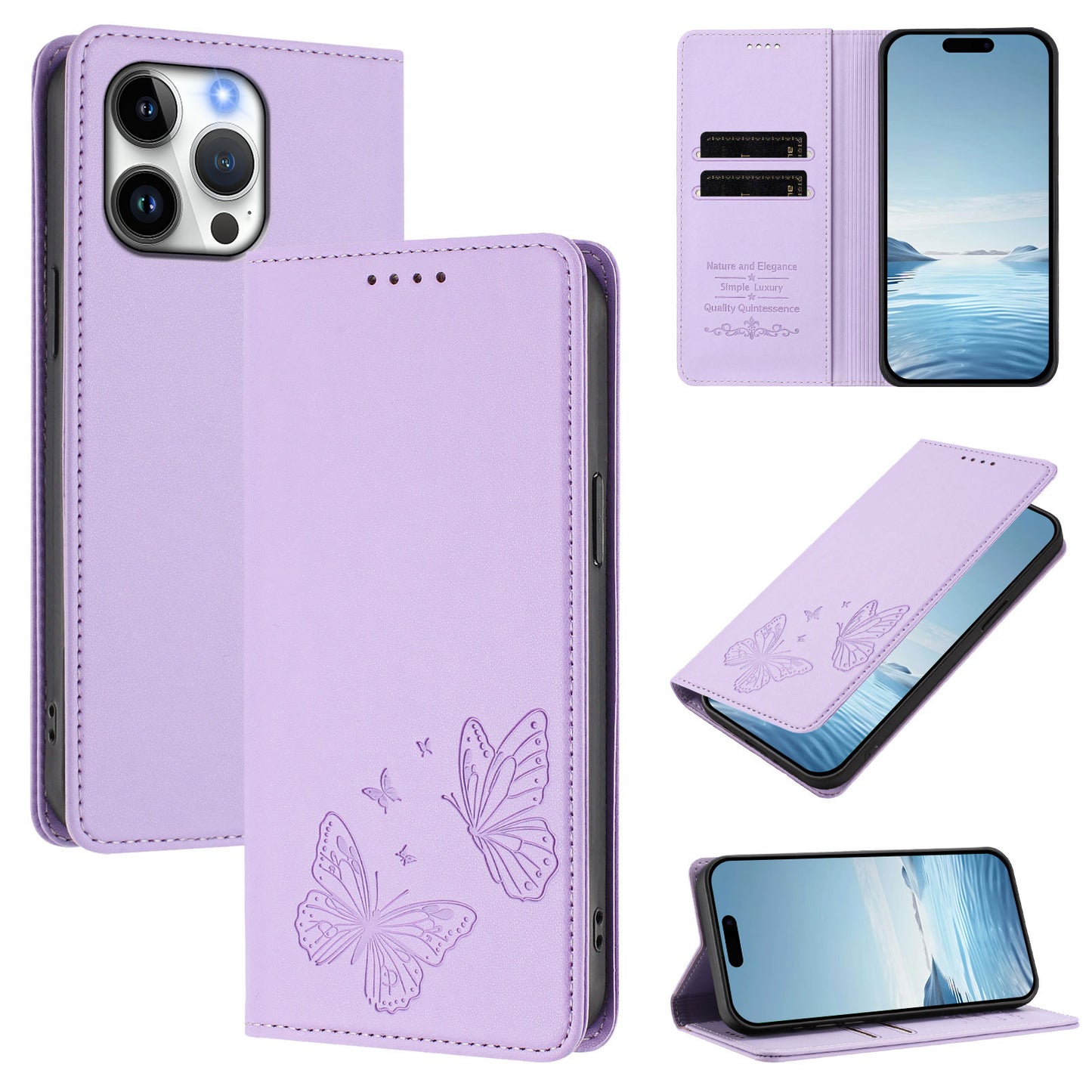 For iPhone 16 Pro Max Wallet Case RFID Blocking Butterfly Imprinted Magnetic Flip Leather Cover