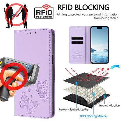 For iPhone 16 Pro Max Wallet Case RFID Blocking Butterfly Imprinted Magnetic Flip Leather Cover