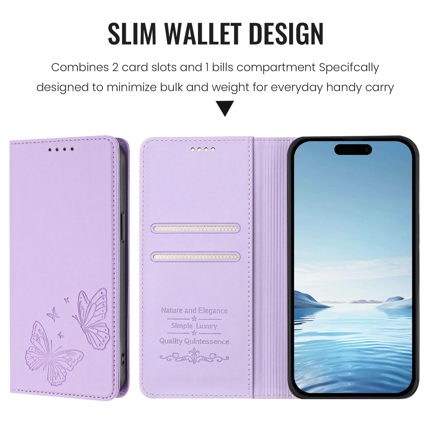For iPhone 16 Pro Max Wallet Case RFID Blocking Butterfly Imprinted Magnetic Flip Leather Cover