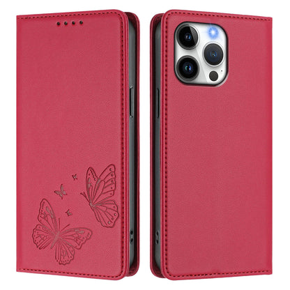 For iPhone 16 Pro Max Wallet Case RFID Blocking Butterfly Imprinted Magnetic Flip Leather Cover