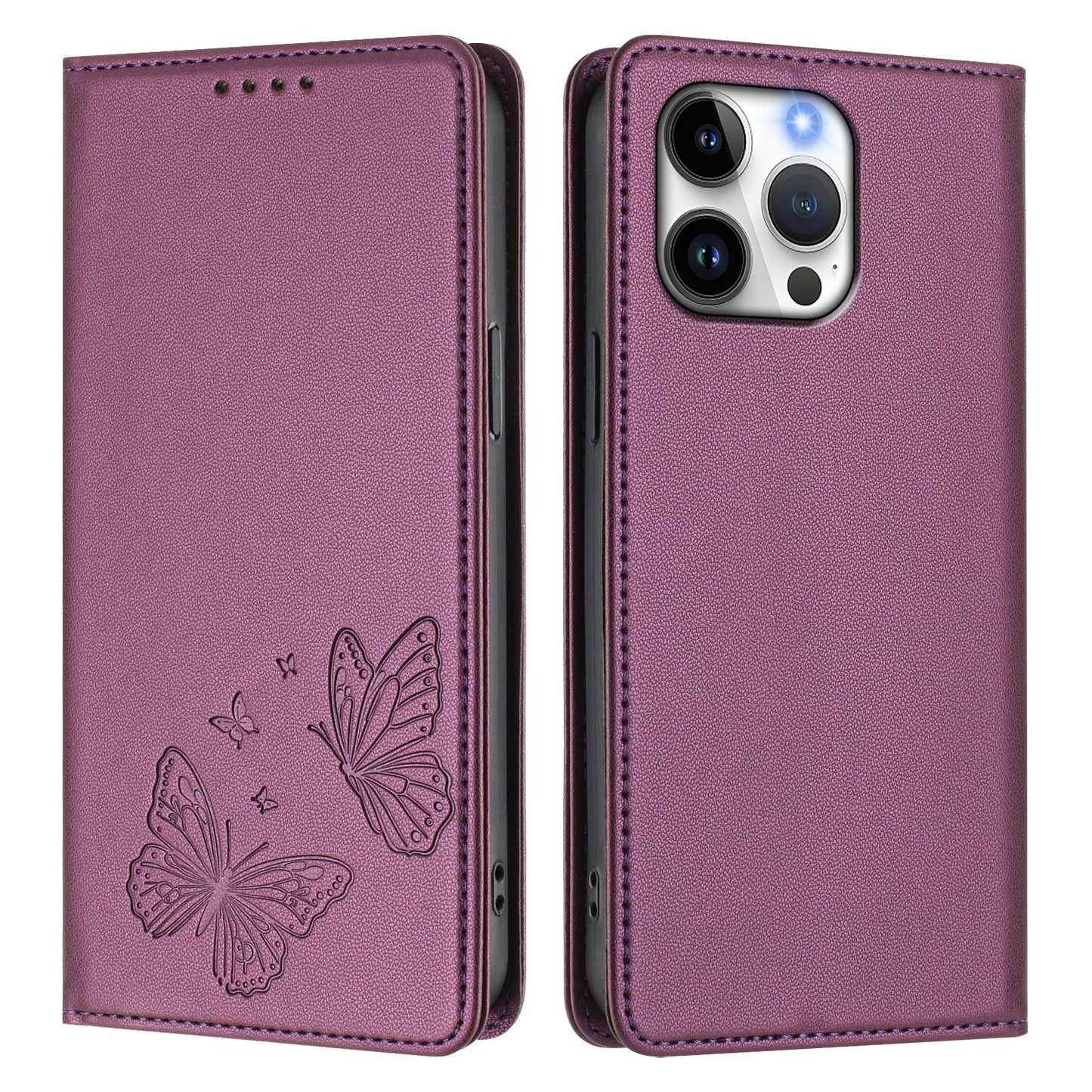 For iPhone 16 Pro Max Wallet Case RFID Blocking Butterfly Imprinted Magnetic Flip Leather Cover