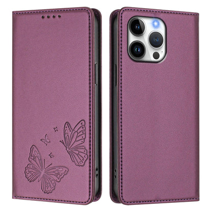For iPhone 16 Pro Max Wallet Case RFID Blocking Butterfly Imprinted Magnetic Flip Leather Cover