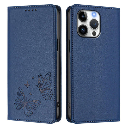 For iPhone 16 Pro Max Wallet Case RFID Blocking Butterfly Imprinted Magnetic Flip Leather Cover