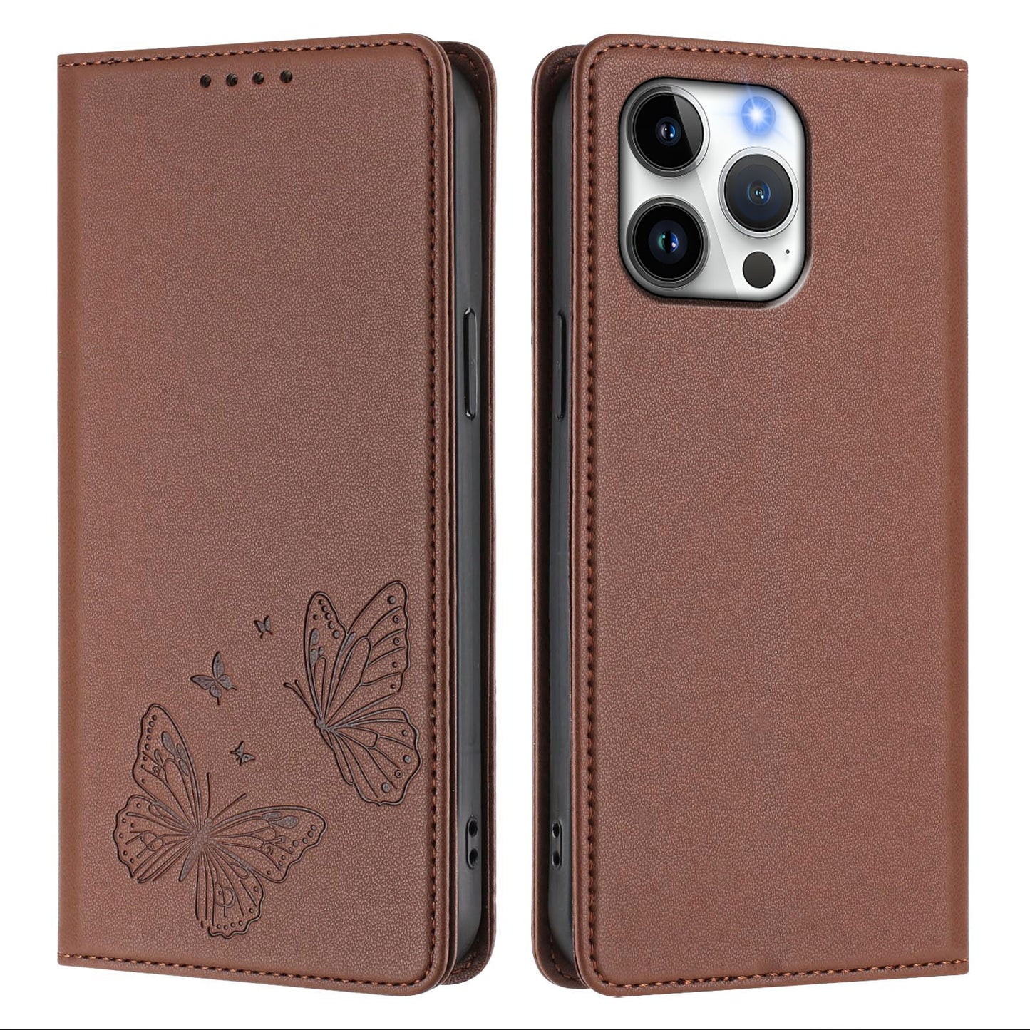 For iPhone 16 Pro Max Wallet Case RFID Blocking Butterfly Imprinted Magnetic Flip Leather Cover